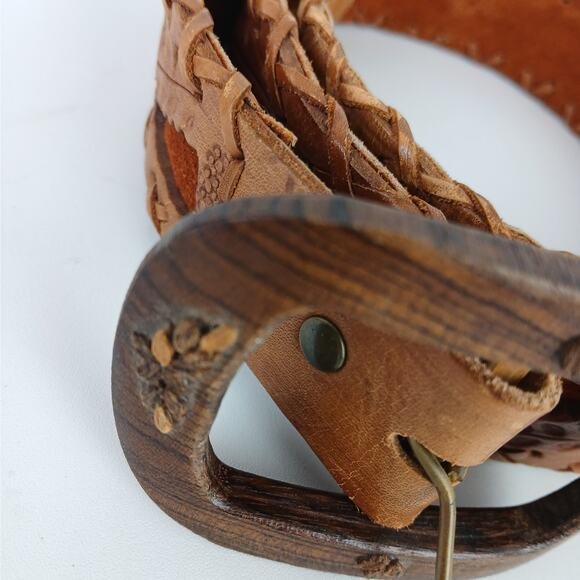 Women's Genuine Leather Embossed with Leather Cutouts Wood Buckle Belt Boho - Picture 4 of 6